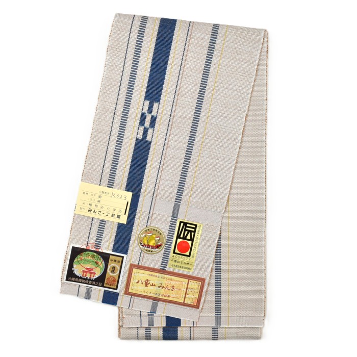 八重山ミンサー 半幅帯 白伽羅色｜薄グレー地に上品な紺の縞が織りなす